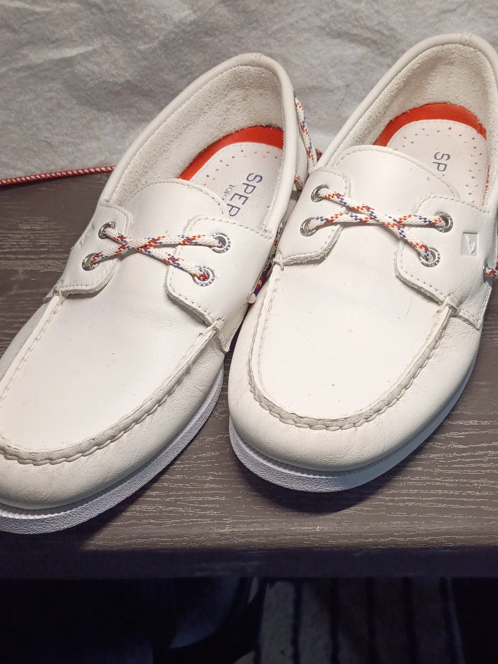 Sperry White Leather Boat Shoes with Red & Blue Braided Laces And Details. NEW